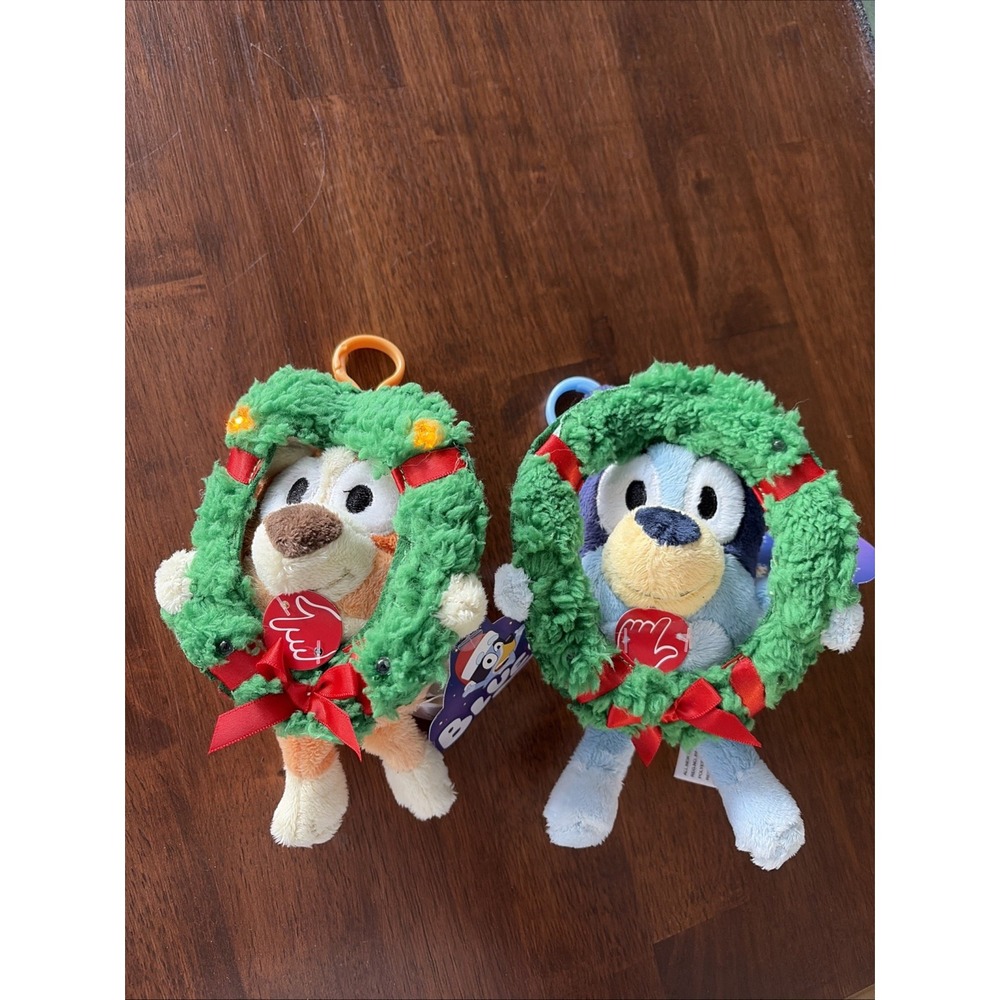 6" Bluey & Bingo Plush Lot Christmas Wreath Lights Up! Backpack Bag Clip NwT